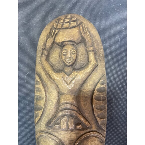 Handcrafted African Tribal Wooden Mask With Woman Carrying Basket Design - Picture 3 of 4